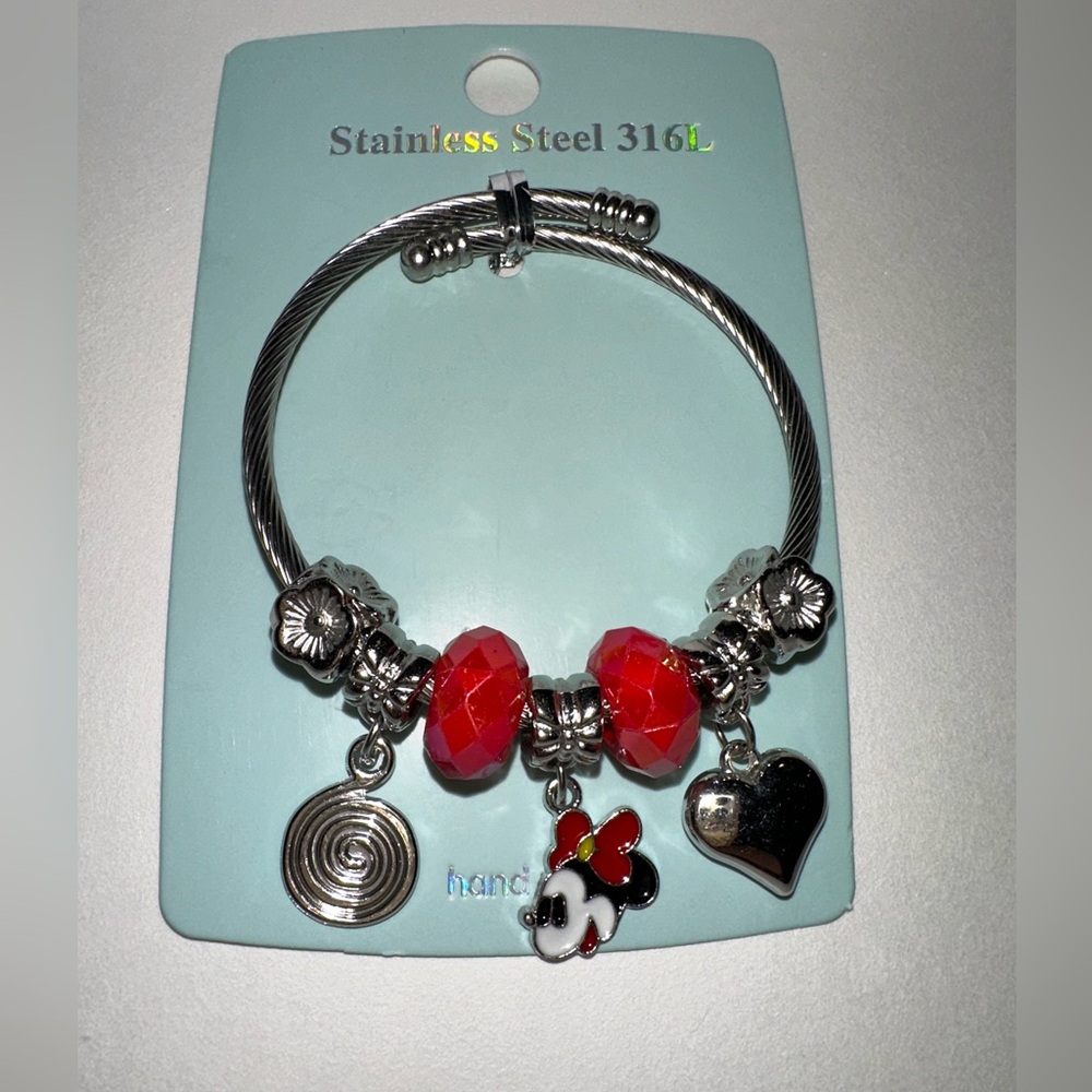 Stainless Steel Charm Bracelet with Red Beads